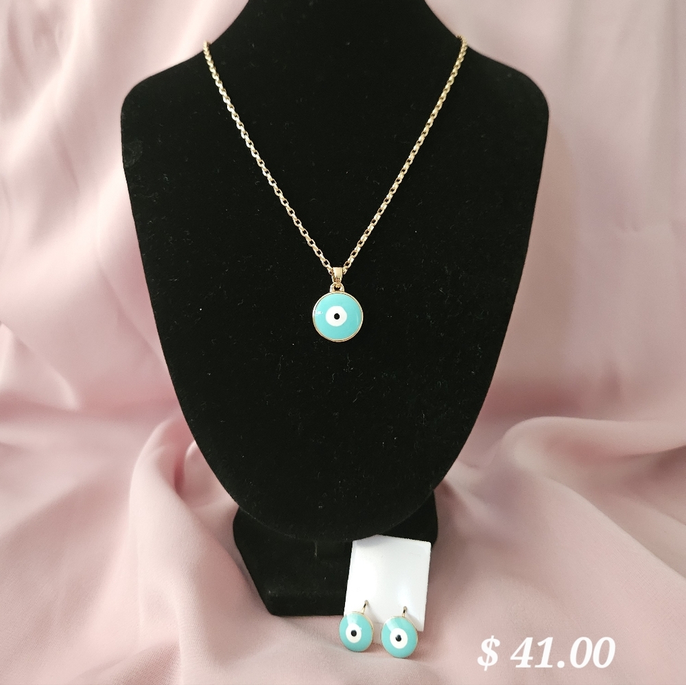 Gold and Turquoise Evil Eye Necklace and Earring Set